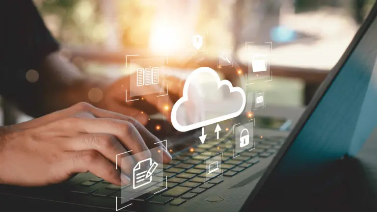 Man uses computer for data storage, online document database and digital file storage system or software, record keeping Database technology, cloud technology, network and internet services concept.